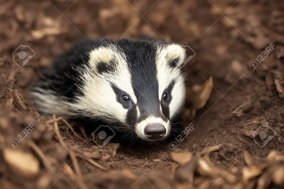 Badger looks out of the hole, animal in nature habitat. Wild animal in the wood. Mammal in environment