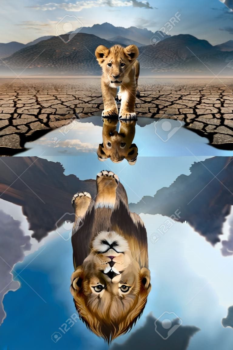 Filhote de leão olhando o reflexo de um leão adulto na água em um fundo de montanhas