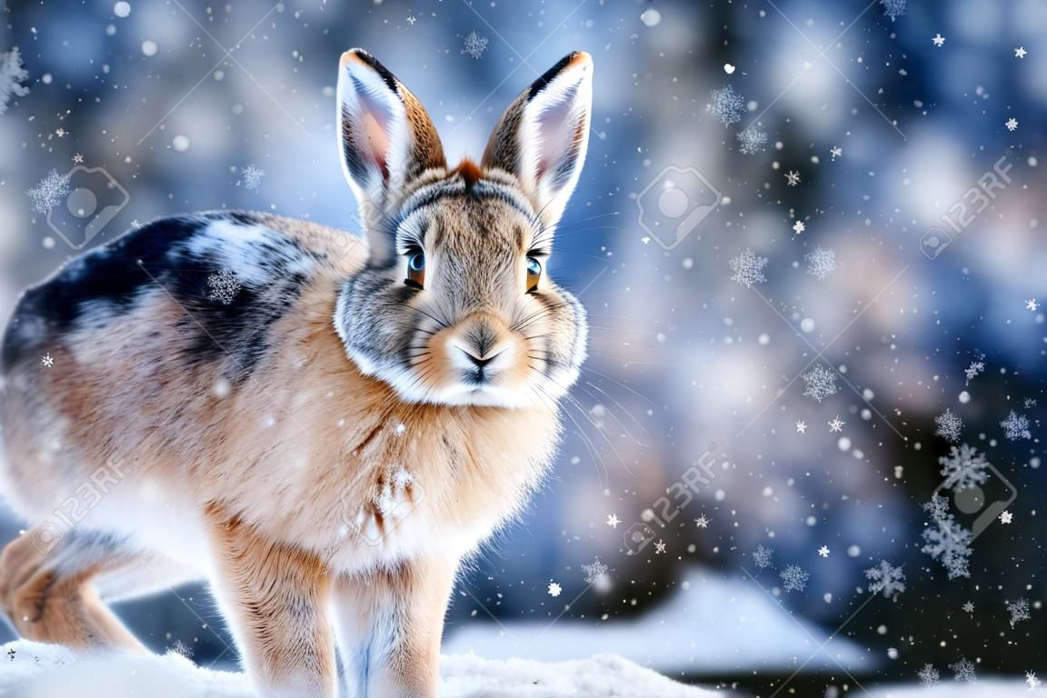 Cute baby rabbit in the snow with snowflakes