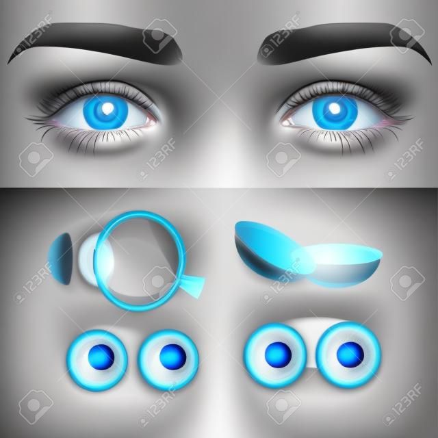 Vector illustration of female face with blue eyes and realistic set of contact lens with box and human eye anatomy. Ophthalmology concept