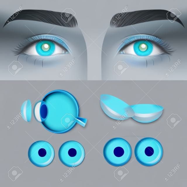Vector illustration of female face with blue eyes and realistic set of contact lens with box and human eye anatomy. Ophthalmology concept