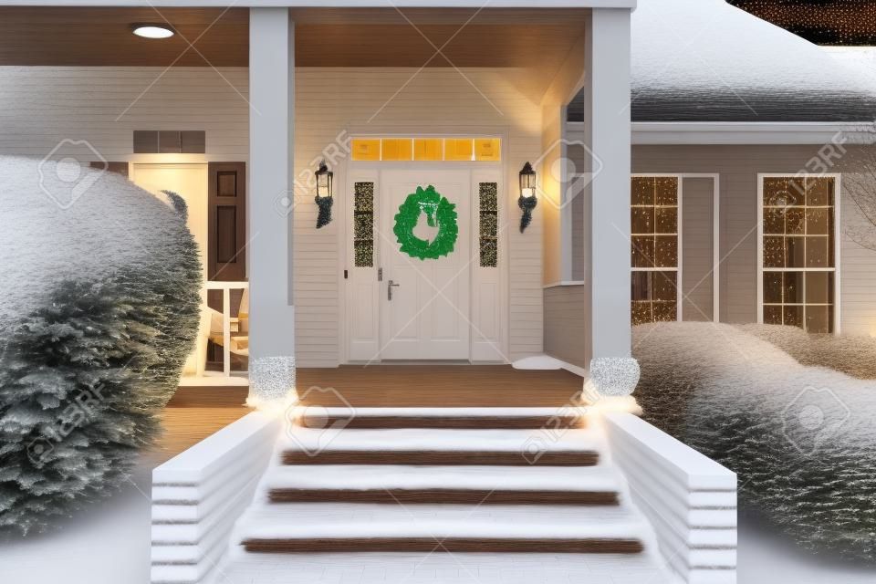 Puerta principal residencial decorada para Navidad