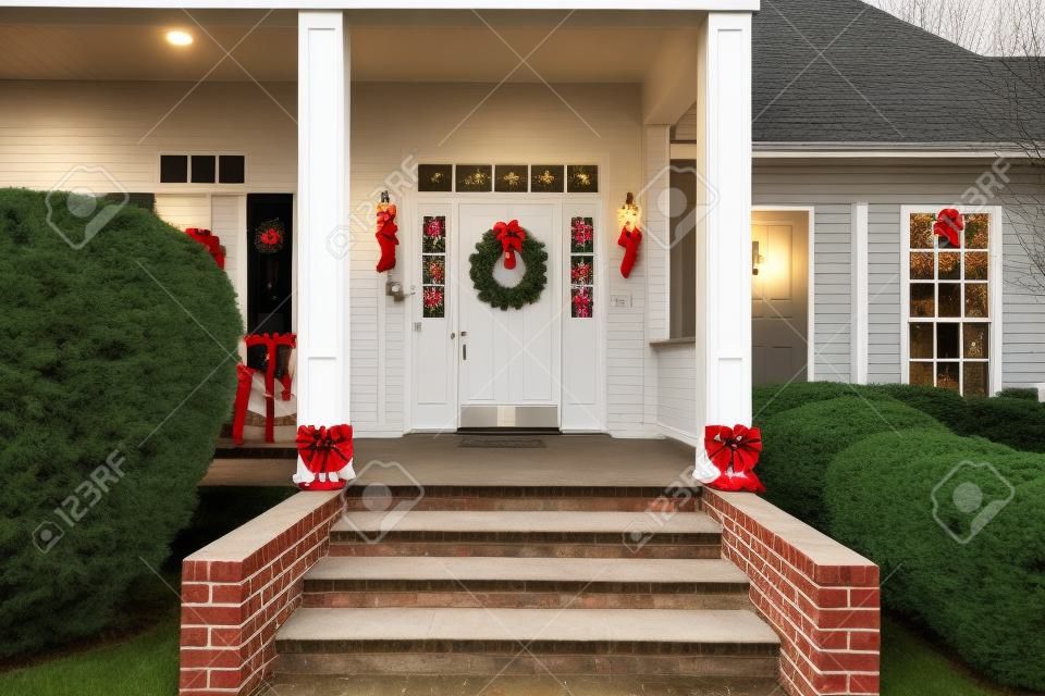 Puerta principal residencial decorada para Navidad