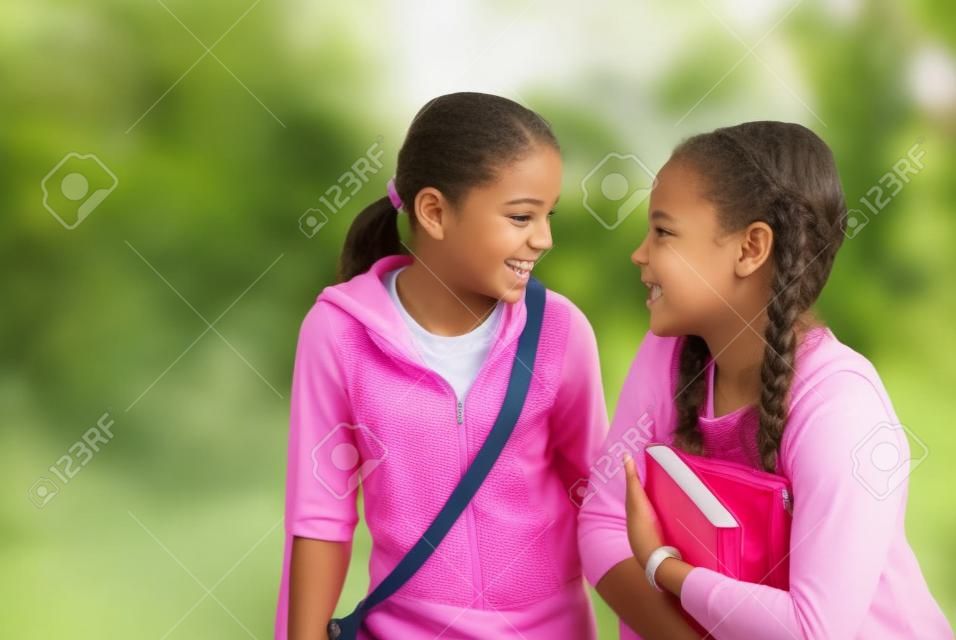 Duas meninas da escola pré-adolescente falando ao ar livre