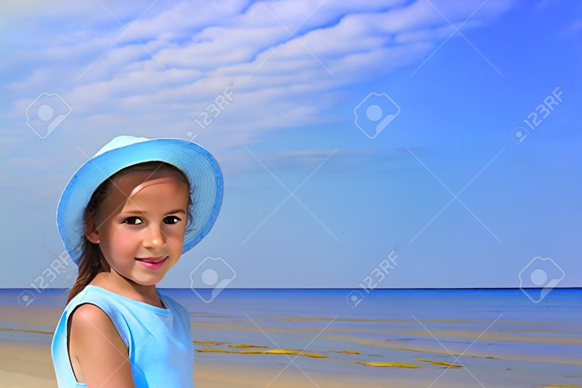 Preteen girl on a beach on blue background