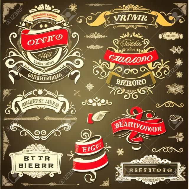 Large set of vintage vector ornaments and ribbons. The fonts are called "Arvo", "Bebas Neue", "Bitter" and "Cubano".