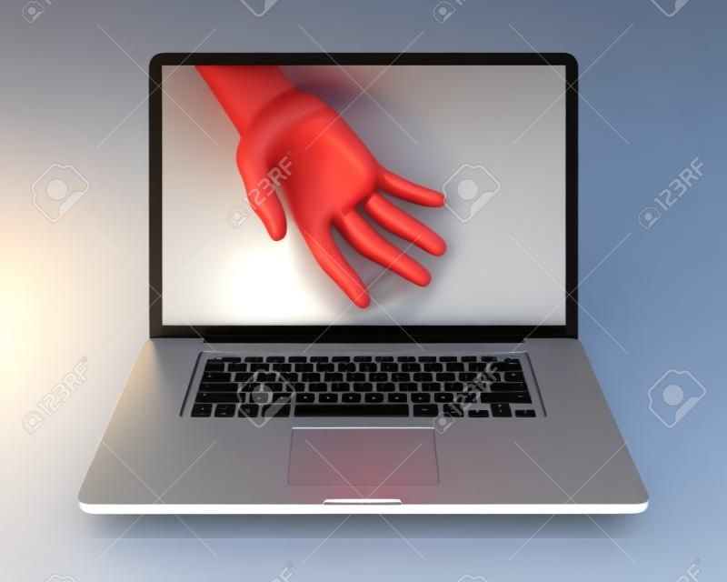 Pomocna dłoń sięga przez ekran laptopa, aby zaoferować pomoc i wsparcie użytkownikowi. Fotorealistyczny render 3D, wyizolowany na czystym białym tle