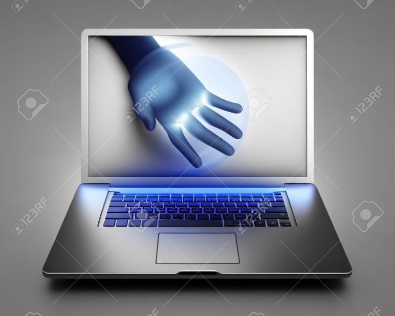 Рука помощи достигает максимума через экран компьютера ноутбука, чтобы предложить свою помощь и помощь пользователю. Фотореалистичная 3D визуализации, изолированных на чистом белом фоне