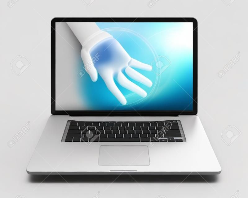 Helfende Hand erreicht durch Bildschirm des Laptop-Computer-Hilfe und Unterstützung für ihre Benutzer zu bieten. Fotorealistische 3D-Render, isoliert vor einem reinen weißen Hintergrund
