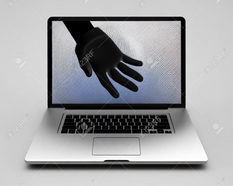 Рука помощи достигает максимума через экран компьютера ноутбука, чтобы предложить свою помощь и помощь пользователю. Фотореалистичная 3D визуализации, изолированных на чистом белом фоне