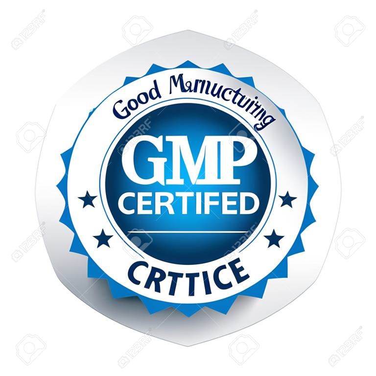 GMP (Good Manufacturing Practice) gecertificeerd ronde stempel op witte achtergrond - Vector