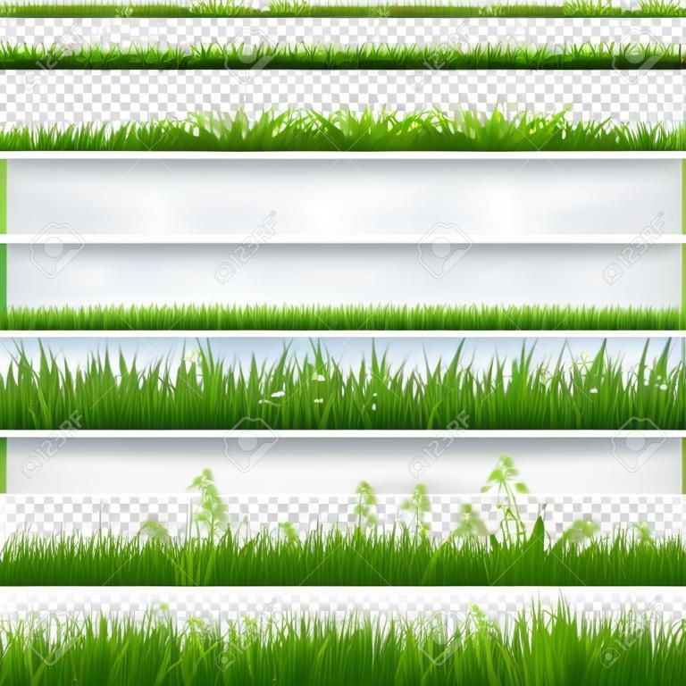 緑の草の大きなセットは、透明な背景、ベクトル図に分離ボーダーします。