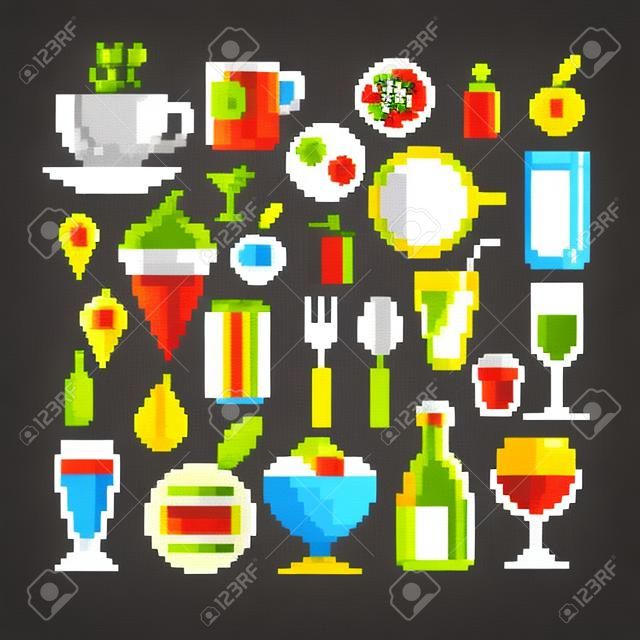 pixel art style food and drink set