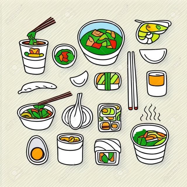 Азиатская кухня, рисованной каракули стиль векторных иконок.