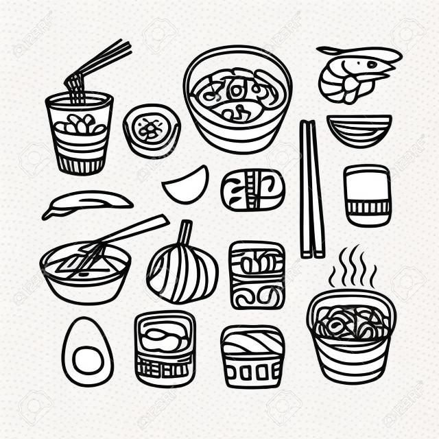 Азиатская кухня, рисованной каракули стиль векторных иконок.