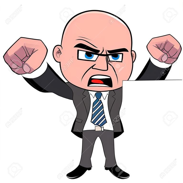 Hombre de negocios enojado calvo dibujos animados de pie con los puños cerrados aislados