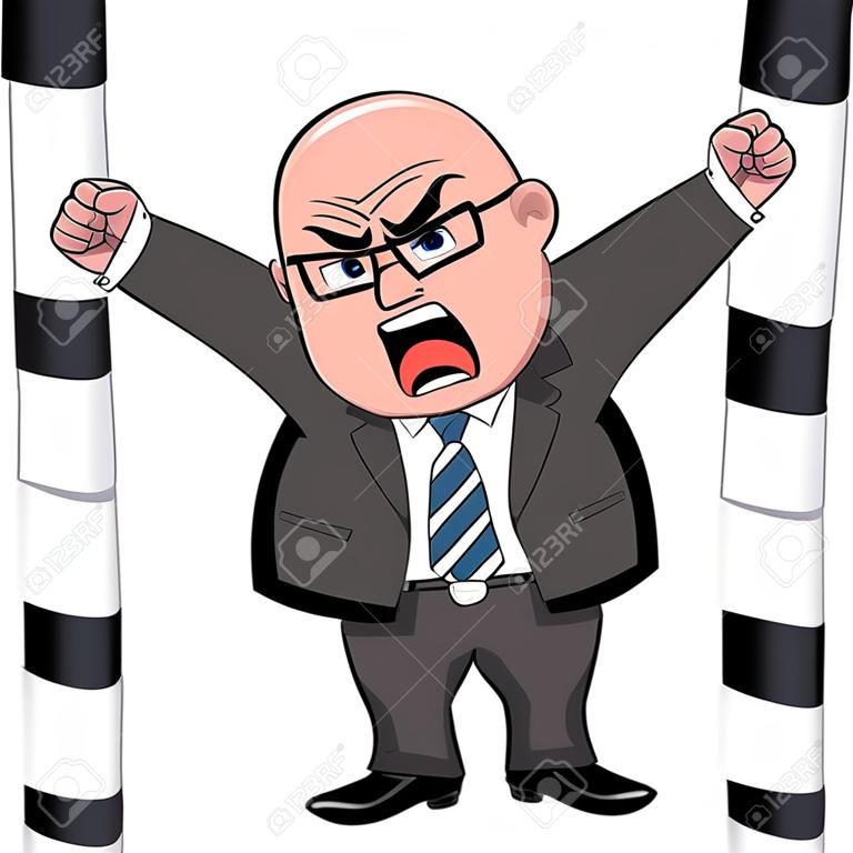 Злой лысый мультфильм бизнесмен, стоя с кулаками закрыты изолированные
