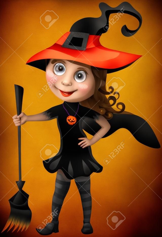 Little Cute Girl with Halloween Witch Costume isolated
