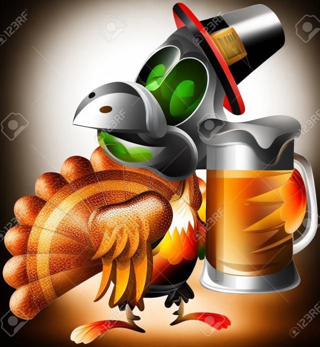 Happy Thanksgiving Turkey Holding Beer mug isolated