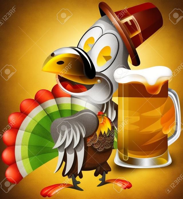 Happy Thanksgiving Turkey Holding Beer mug isolated