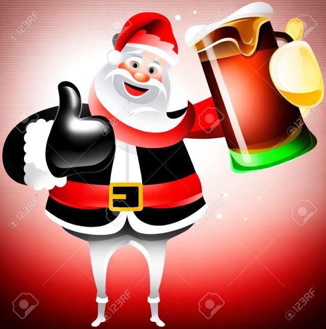 Happy Santa Claus with thumb up and beer mug isolated on white