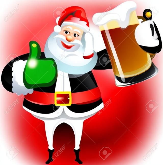 Happy Santa Claus z kciukiem do góry i kubek piwa wyizolowanych na białym