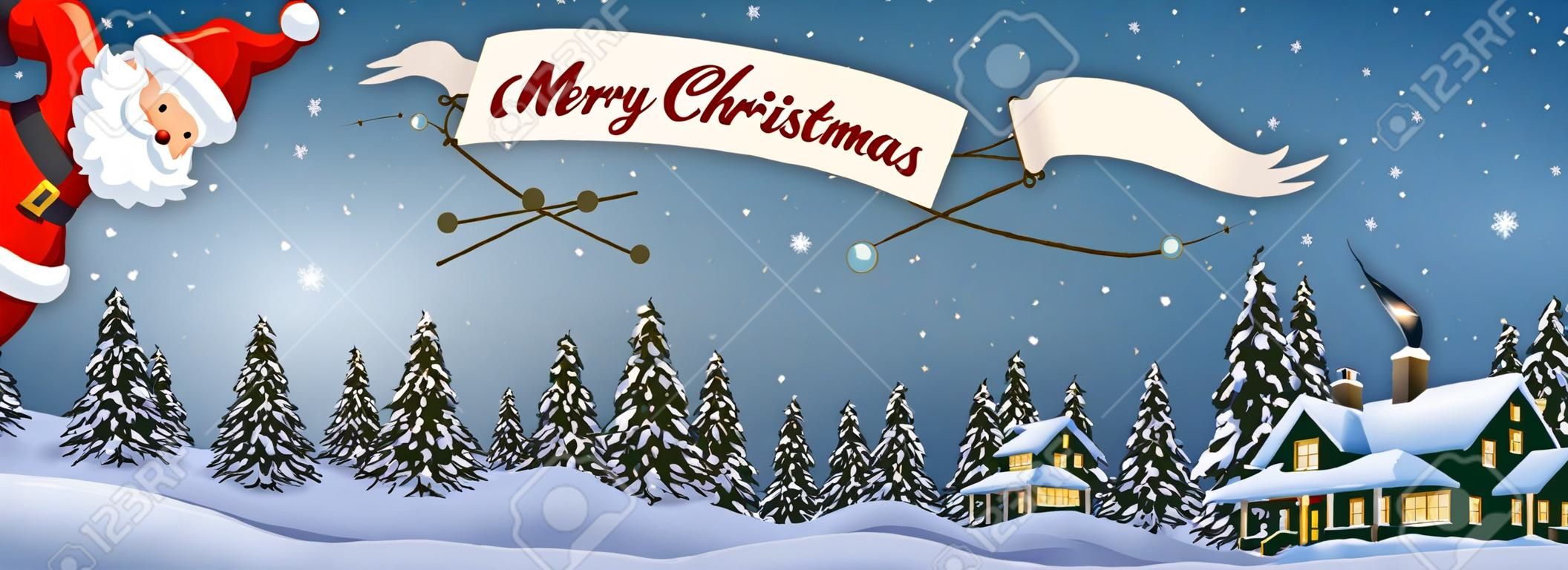 Santa claus cartoon flying on airplane with merry christmas message banner at night over xmas snowy landscape