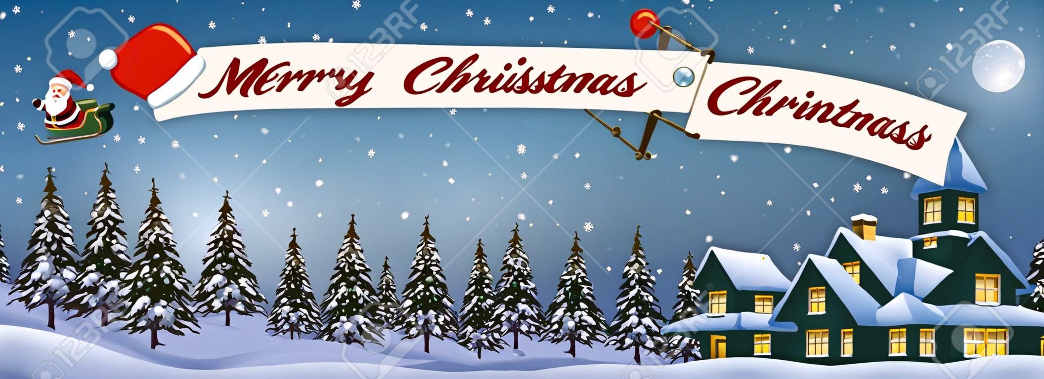 Santa claus desenho animado voando no avião com alegre mensagem de Natal banner à noite sobre xmas paisagem nevada