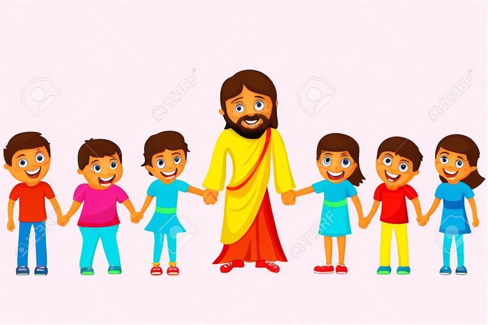 Cartoon Jesus hand in hand with kids or children isolated