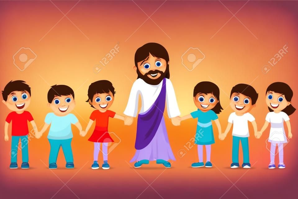 Cartoon Gesù mano nella mano con i bambini o bambini isolato