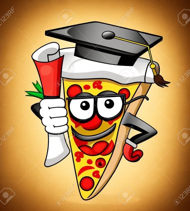 Rebanada de pizza caricatura graduó grado divertido aislado en blanco
