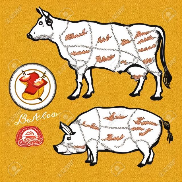 돼지 고기와 쇠고기 인하 - 손으로 그린​​ 세트