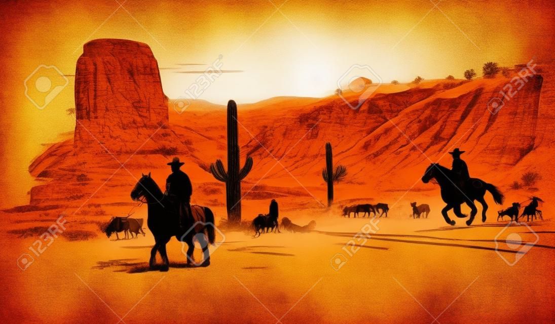 Deserto oeste selvagem americano com cowboys - mão desenhada ilustração