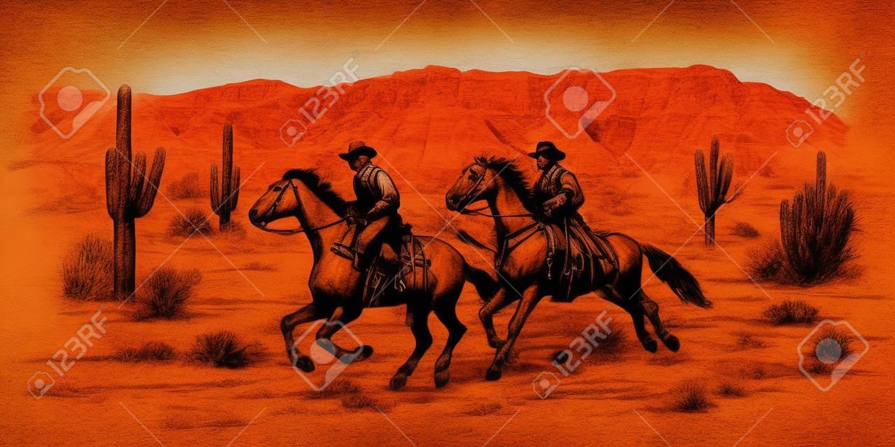 Amerikaanse wilde westen woestijn met cowboys - met de hand getekend illustratie