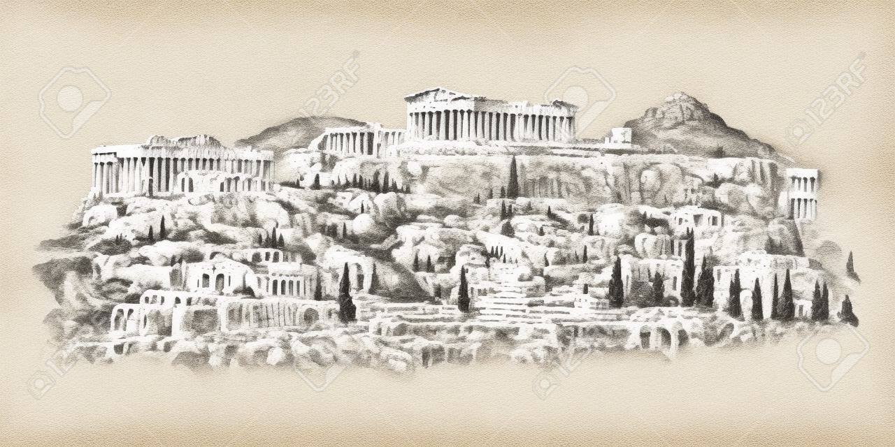 ギリシャ、アテネ、アクロポリス。手描きのイラスト。