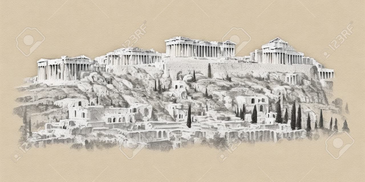 ギリシャ、アテネ、アクロポリス。手描きのイラスト。