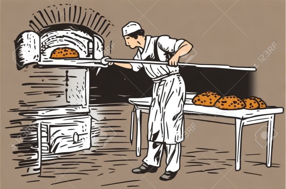 Baker拿着烤箱烤炉里的铁铲面包出来。