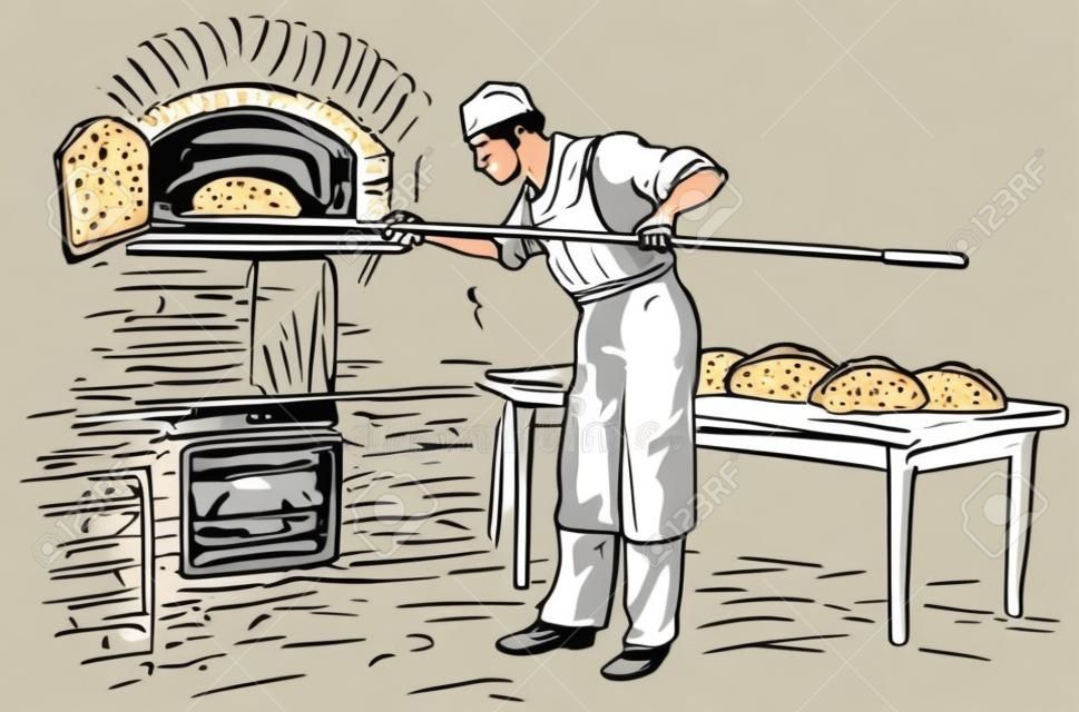 Baker拿着烤箱烤炉里的铁铲面包出来。