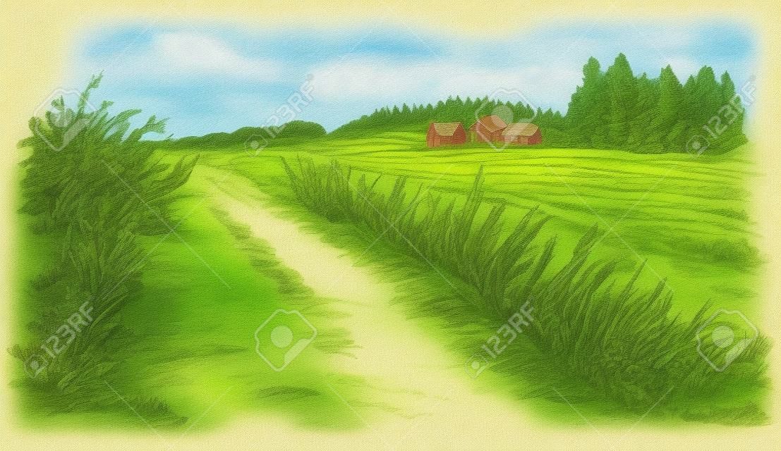 Сельский пейзаж. Набор рисованной.