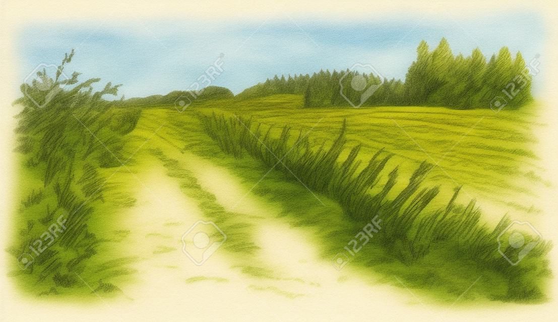 Сельский пейзаж. Набор рисованной.