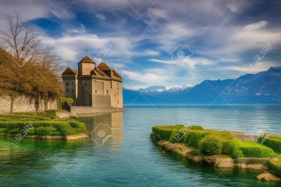Beautiful landscape of famous Chateau de Chillon at Lake Geneva, Montreux Switzerland