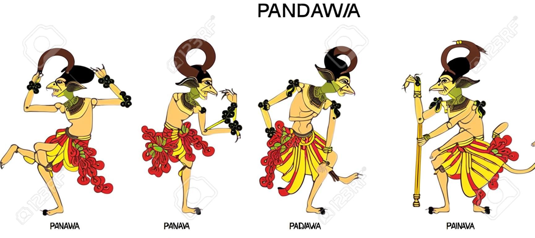 Wayang Pandawa Karakter, Indonesisch Traditional Shadow Puppet - Vector Illustratie