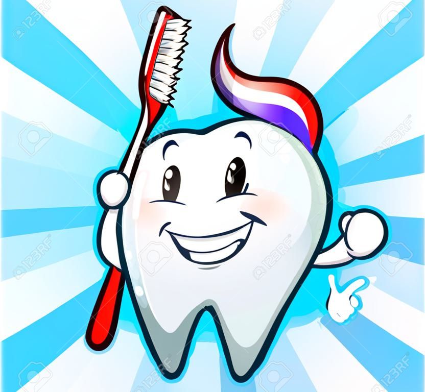 Dental Tooth Mascot Cartoon Character with Toothbrush