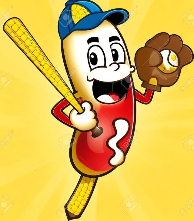Carácter Corn Dog Cartoon juega a béisbol