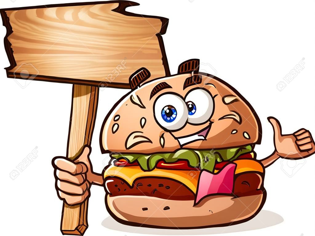 Carácter hamburguesa con queso de la historieta con un cartel de madera