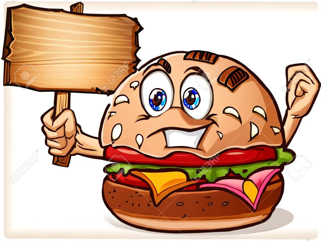 Hamburger Cheeseburger Cartoon Character segurando um sinal de madeira