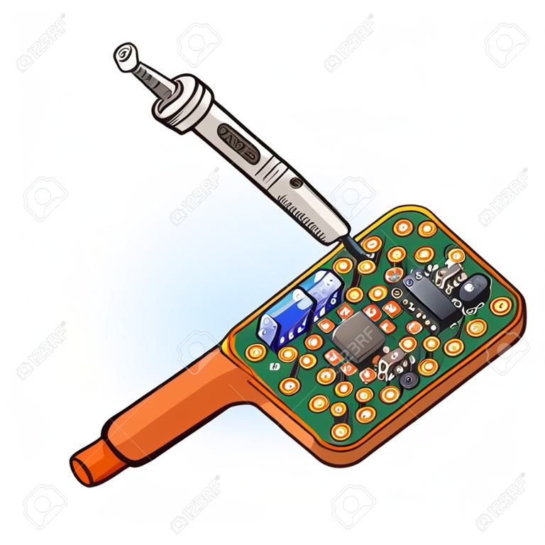 Ferro de solda e placa de circuito com componentes Cartoon Illustration