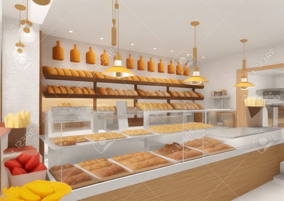 麵包店室內設計的3d渲染