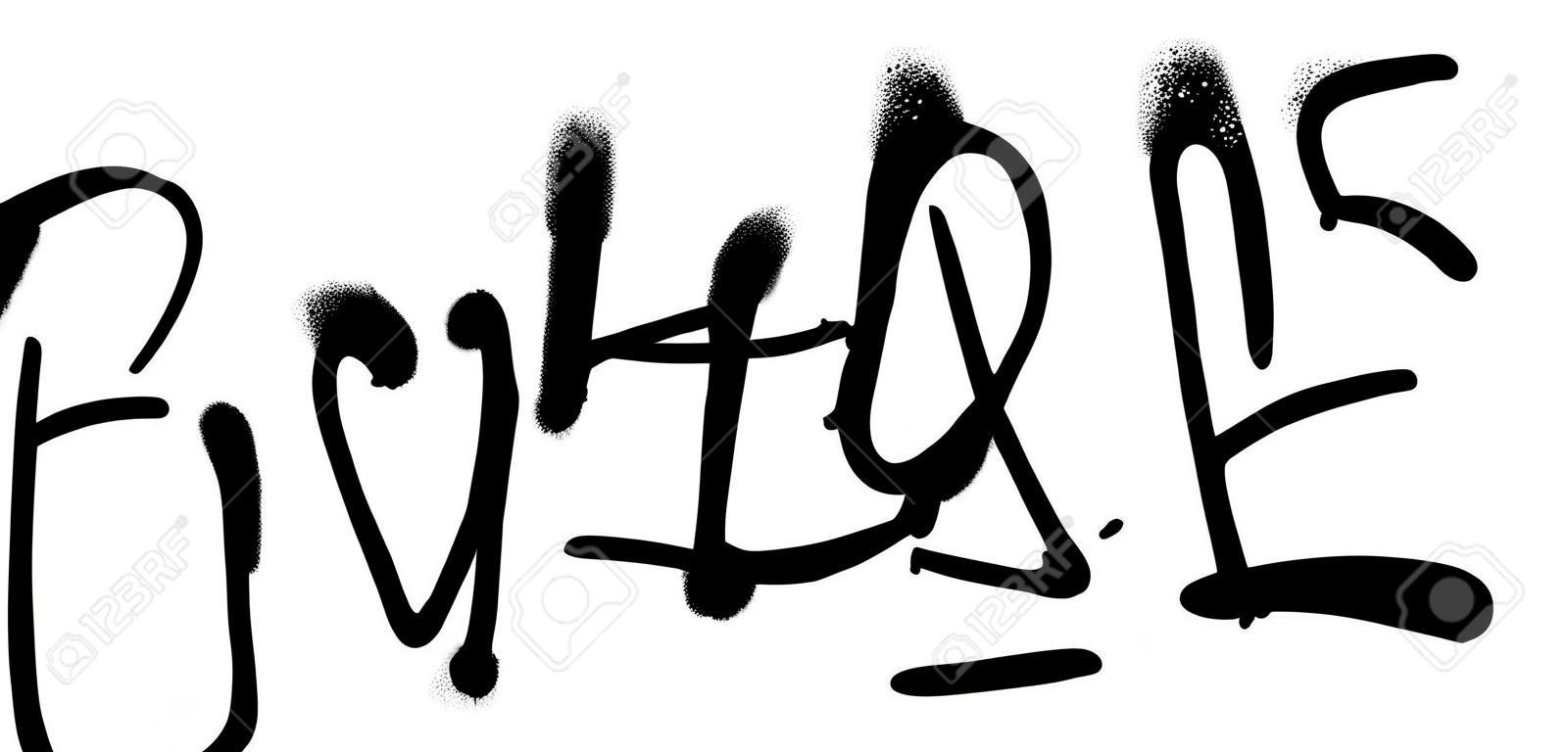 Graffiti de fuente de viaje rociado con exceso de rociado en negro sobre blanco. Ilustración vectorial