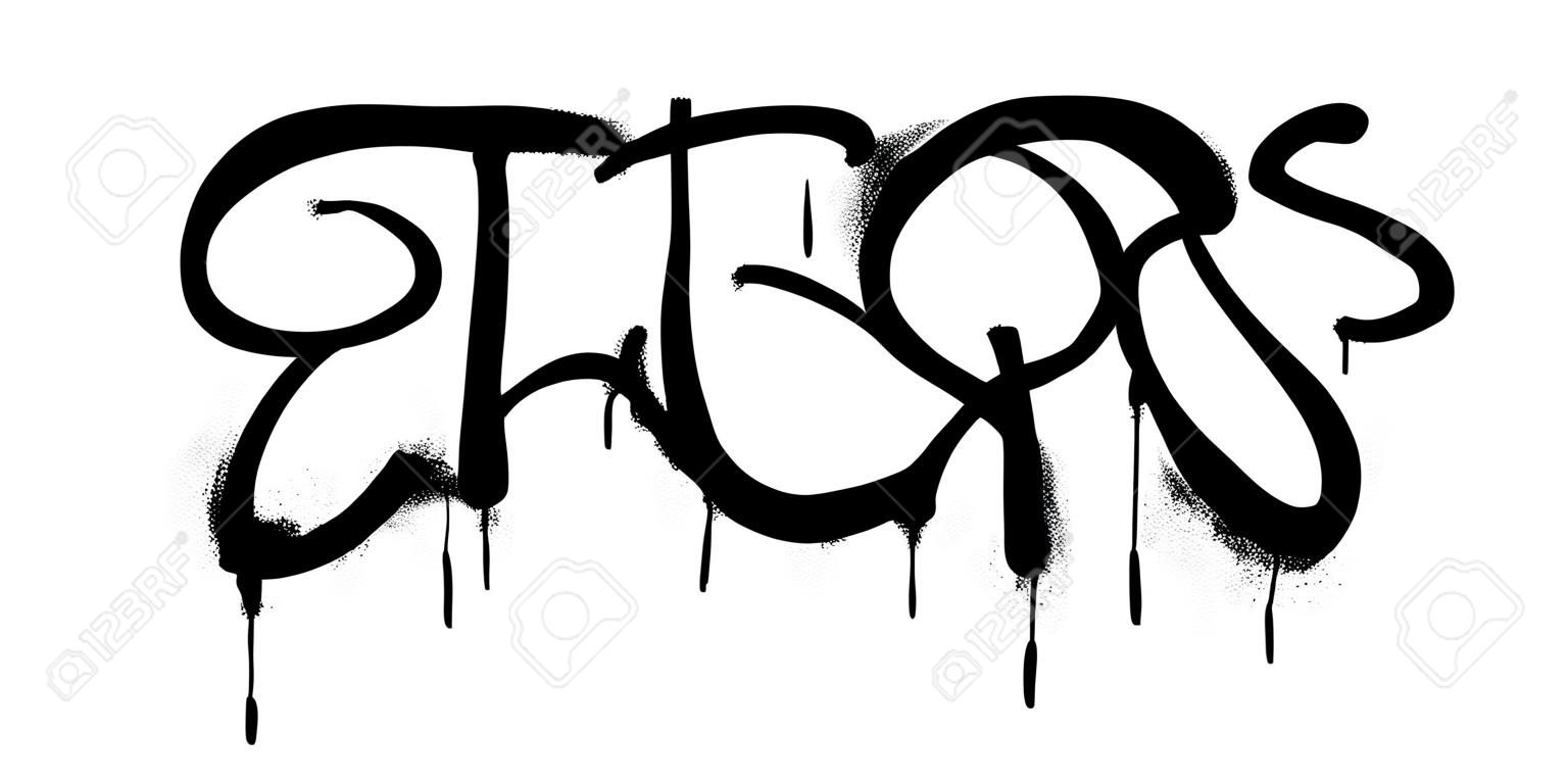Graffiti di font repost spruzzati con overspray in nero su bianco. illustrazione vettoriale.